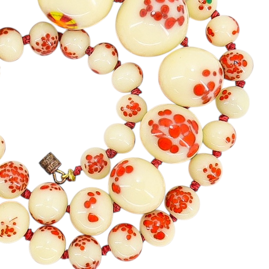 Vintage 1930s Venetian Custard Uranium Glass Necklace – Red Frit Beads, UV Reactive
