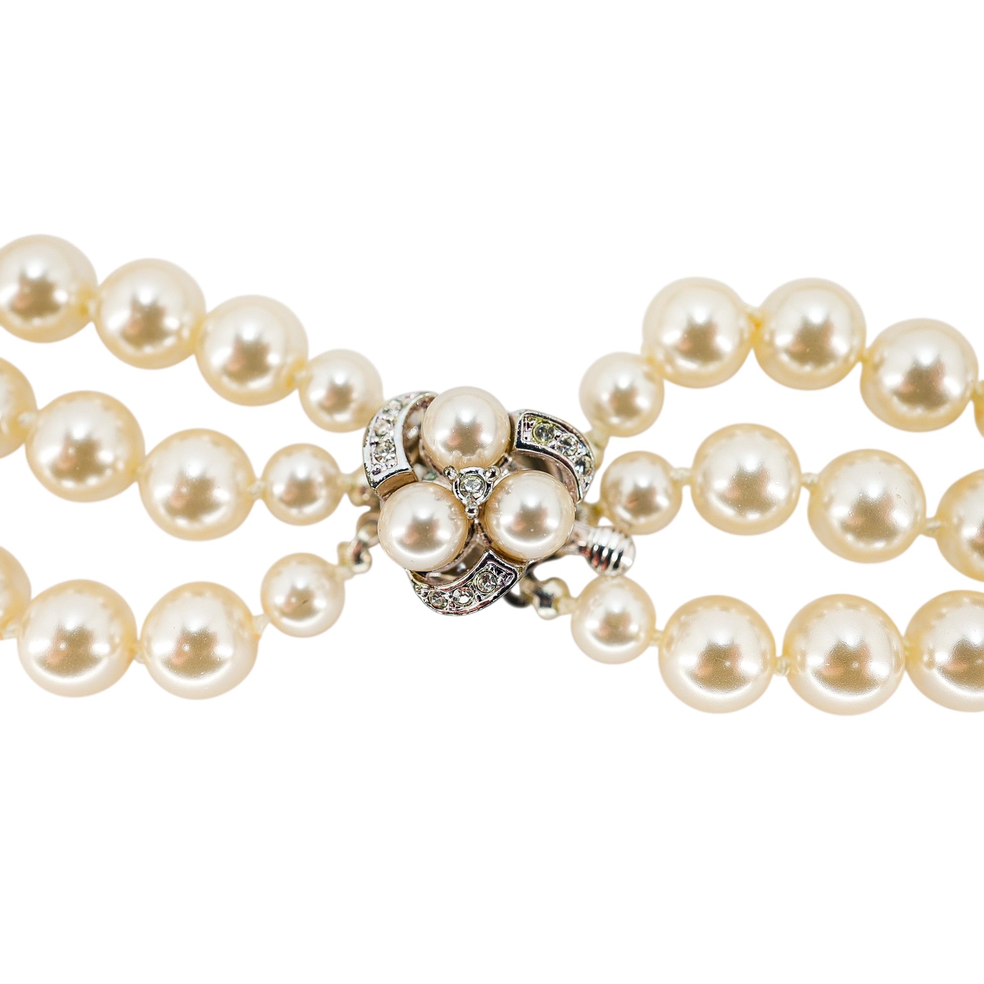 Classic Triple-Strand Faux Pearl Choker Necklace with Rhinestone Clasp