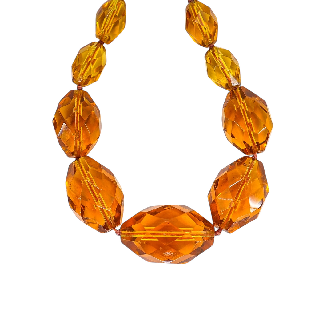 Vintage Faceted Amber Glass Bead Necklace – Hand Knotted Graduated Beads, 1930s Czech Style