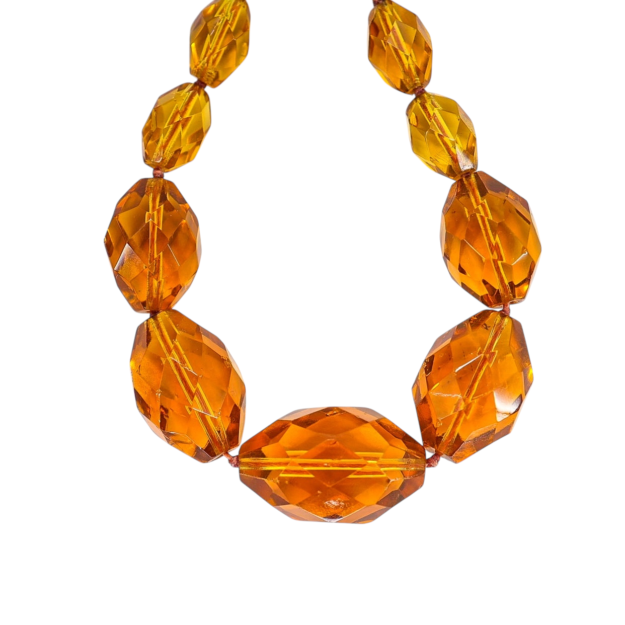 Vintage Faceted Amber Glass Bead Necklace – Hand Knotted Graduated Beads, 1930s Czech Style