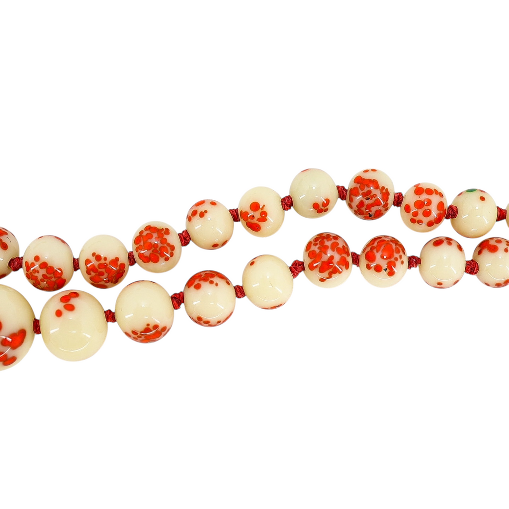 Vintage 1930s Venetian Custard Uranium Glass Necklace – Red Frit Beads, UV Reactive