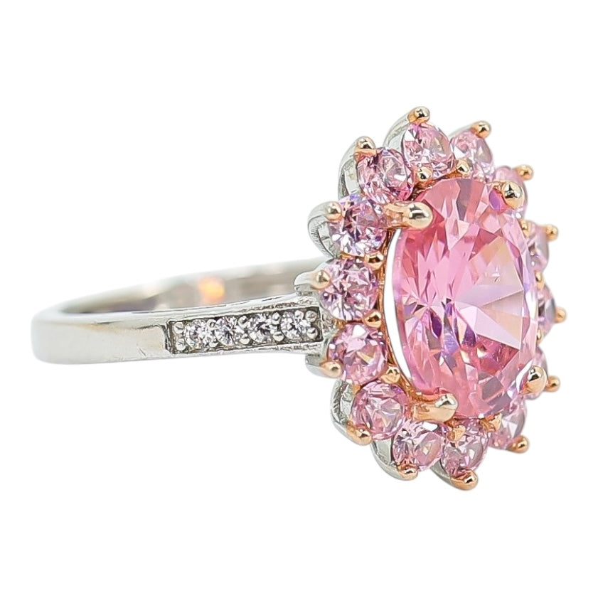 Sterling Silver Pink Cubic Zirconia Halo Ring – Oval Center, Pavé Accents - Size 7
