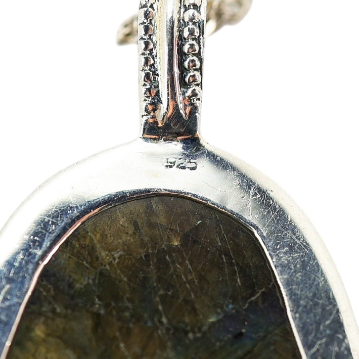 Large Artisan Carved Labradorite Scull Pendant Necklace In Sterling Silver