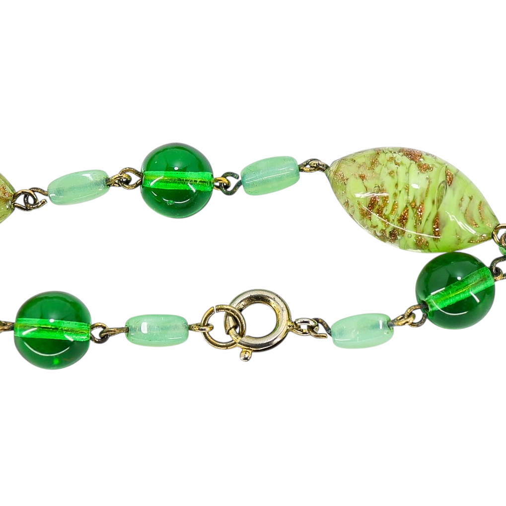 Vintage Murano Green Art Glass Necklace Aventurine Copper Flecks