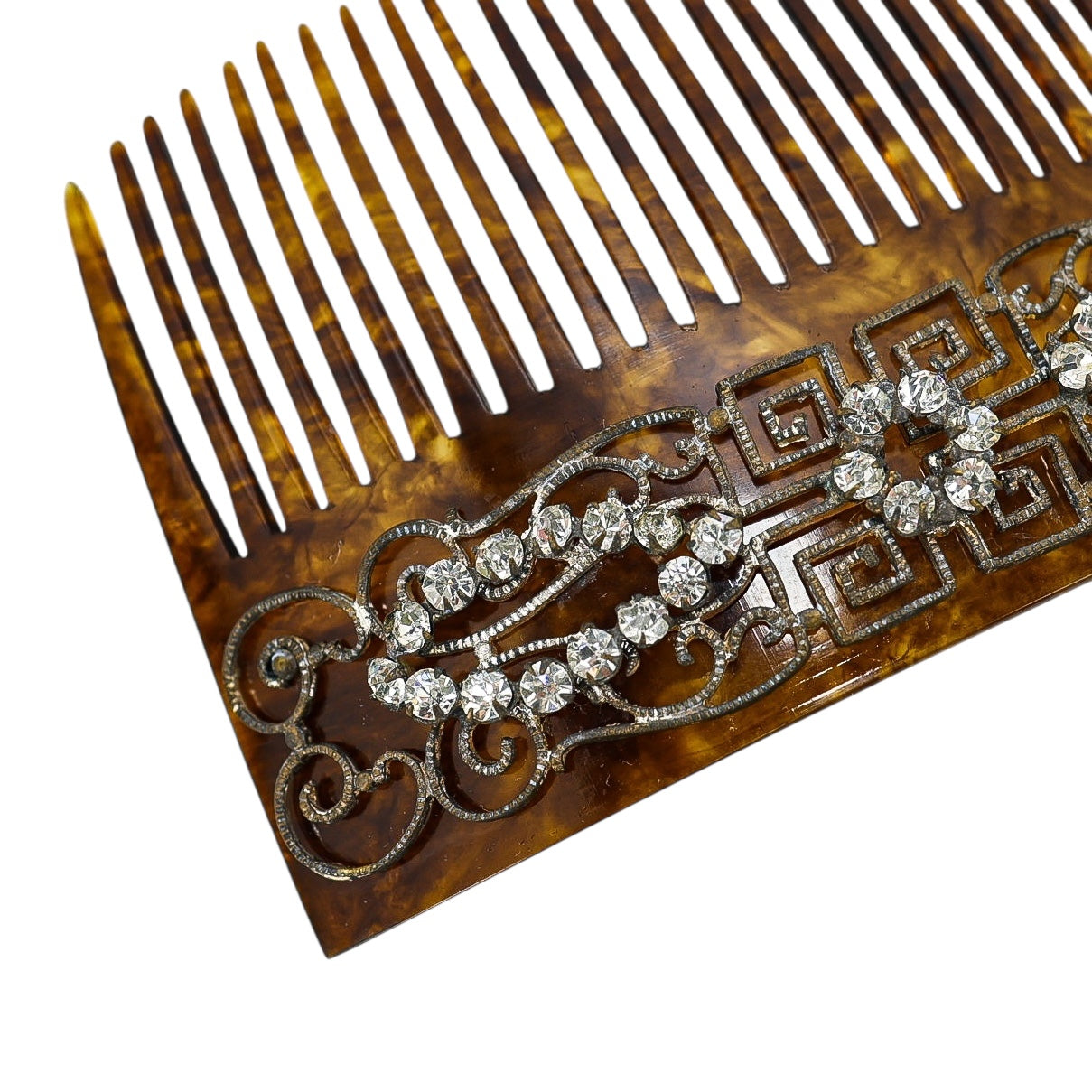 Vintage Art Deco Faux Tortoise Acetate Hair Comb Applied Filigree & Rhinestones