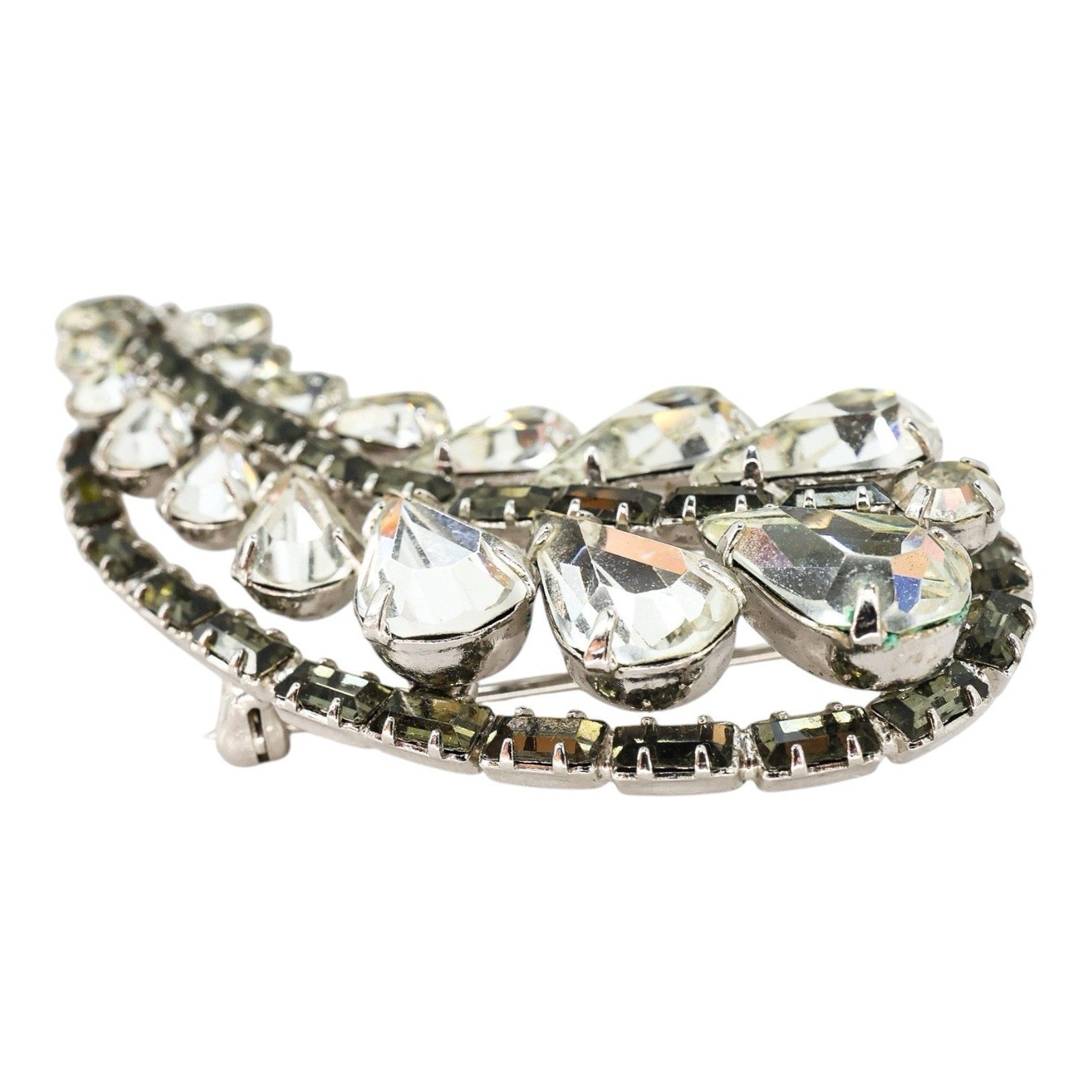 Large Vintage Mid Century Gray Smoky Clear Rhinestone Brooch Leaf Shape 2.25”