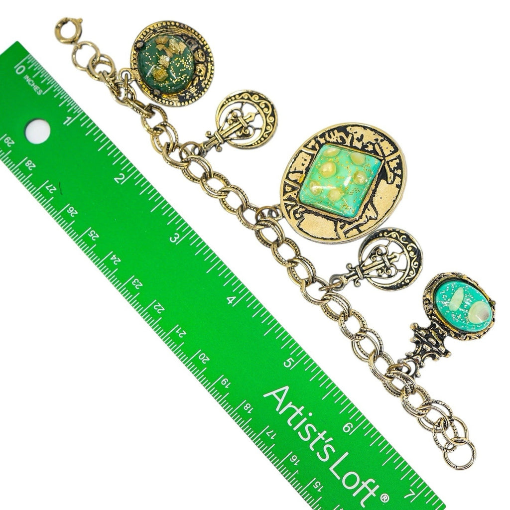 Bold Vintage Charm Bracelet Large Confetti-Style Lucite Resin Green Cabochons