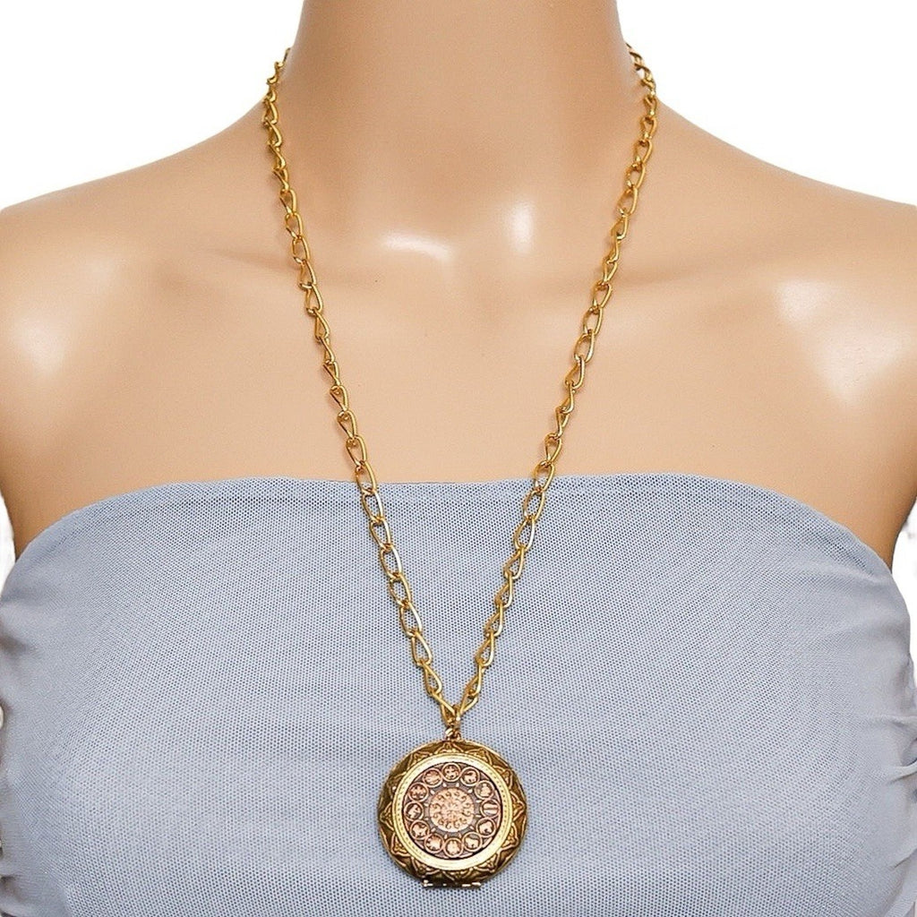 Vintage MCM Zodiac Astrology Pendant Locket Necklace 12 Signs Copper & Goldtone