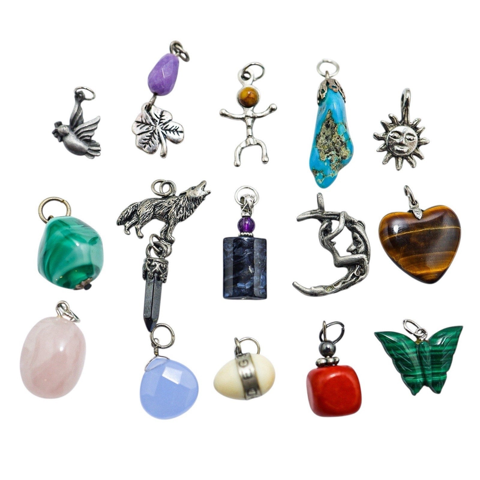 Curated Lot 15 Silver-tone Charms Pendants Boho Whimsical Figural Natural Stones