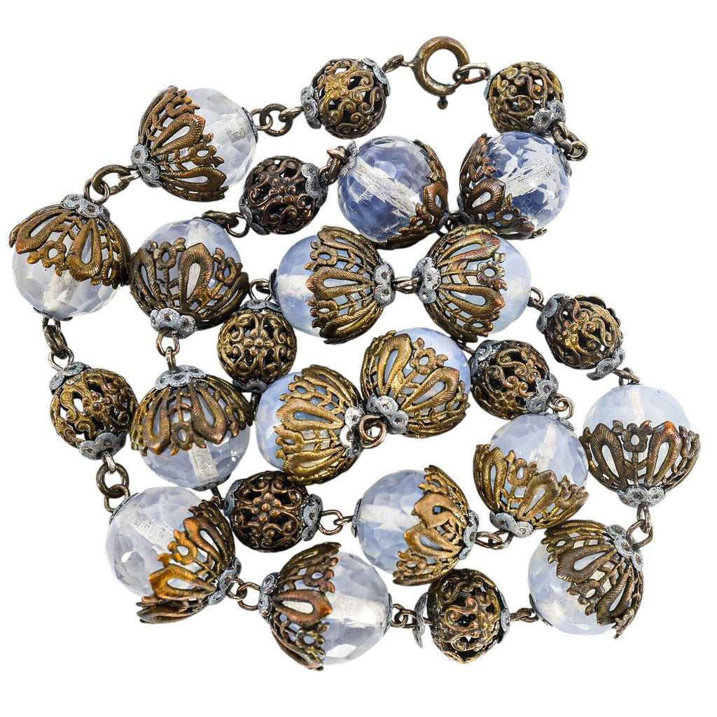 Vintage Czech Opaline Faceted Glass Beaded Necklace W Filigree Cups