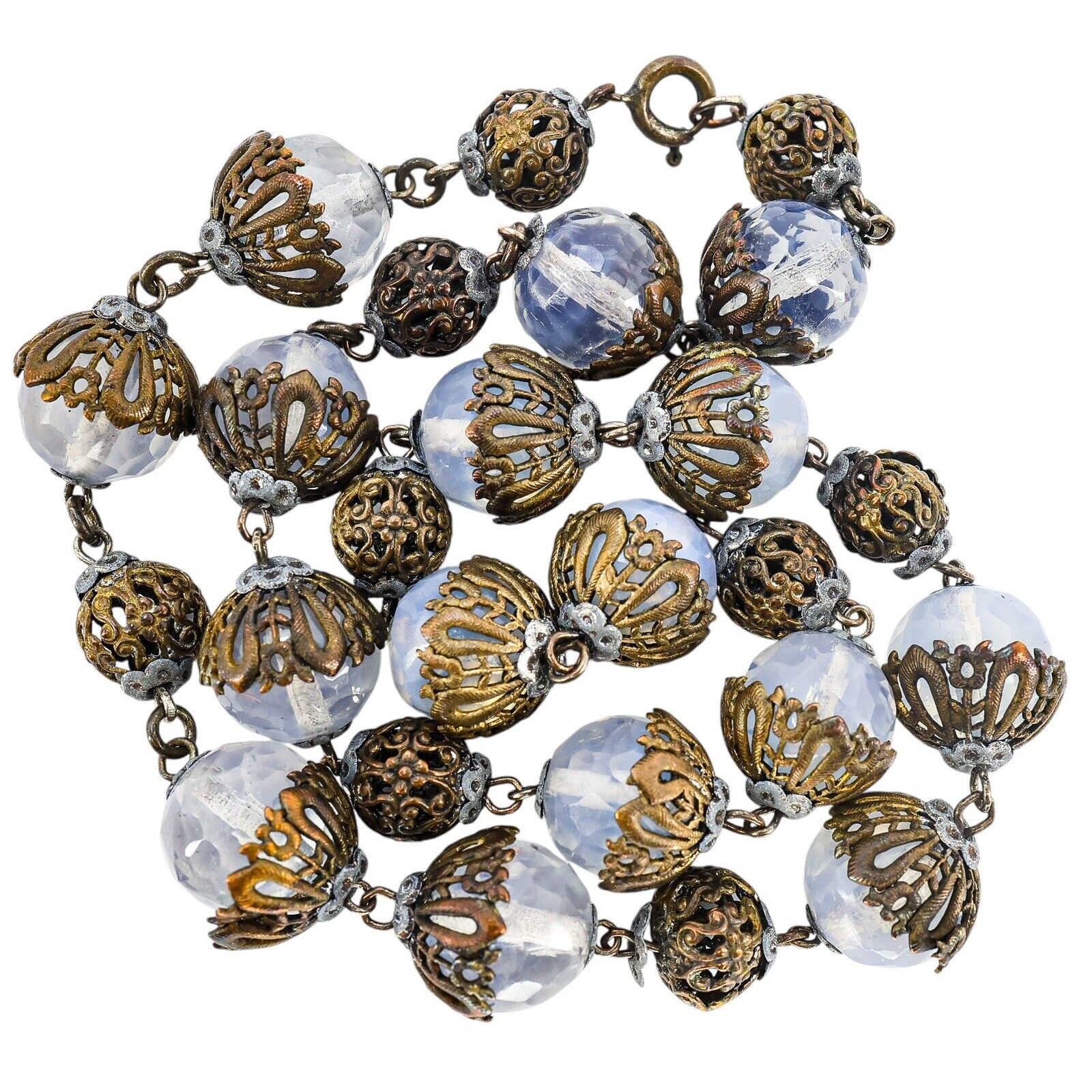 Vintage Czech Opaline Faceted Glass Beaded Necklace W Filigree Cups