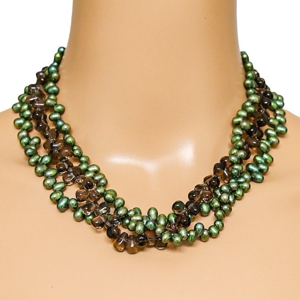 Green Freshwater Pearl & Smoky Quartz Bead Torsade Necklace 3 Strand 925