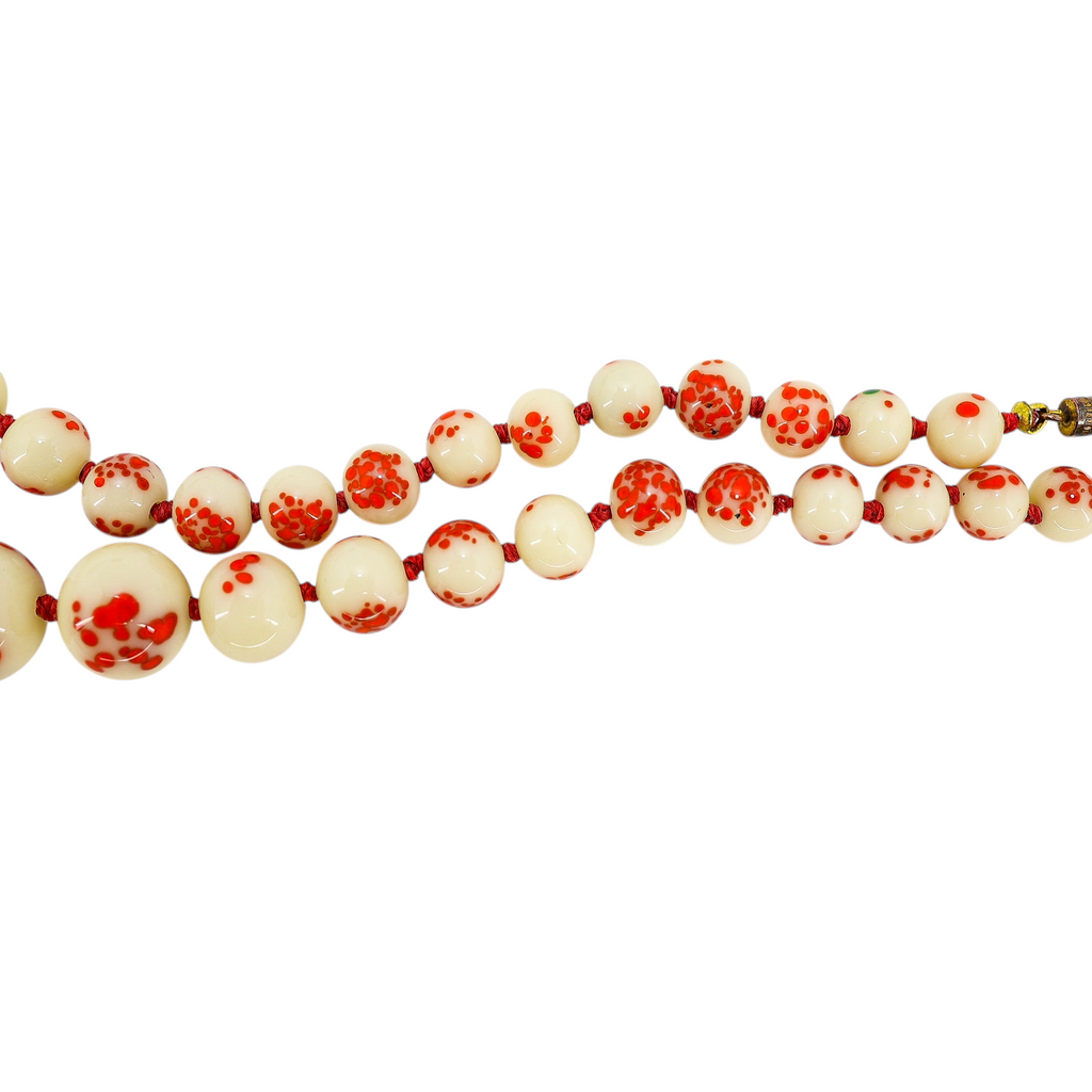 Vintage 1930s Venetian Custard Uranium Glass Necklace – Red Frit Beads, UV Reactive