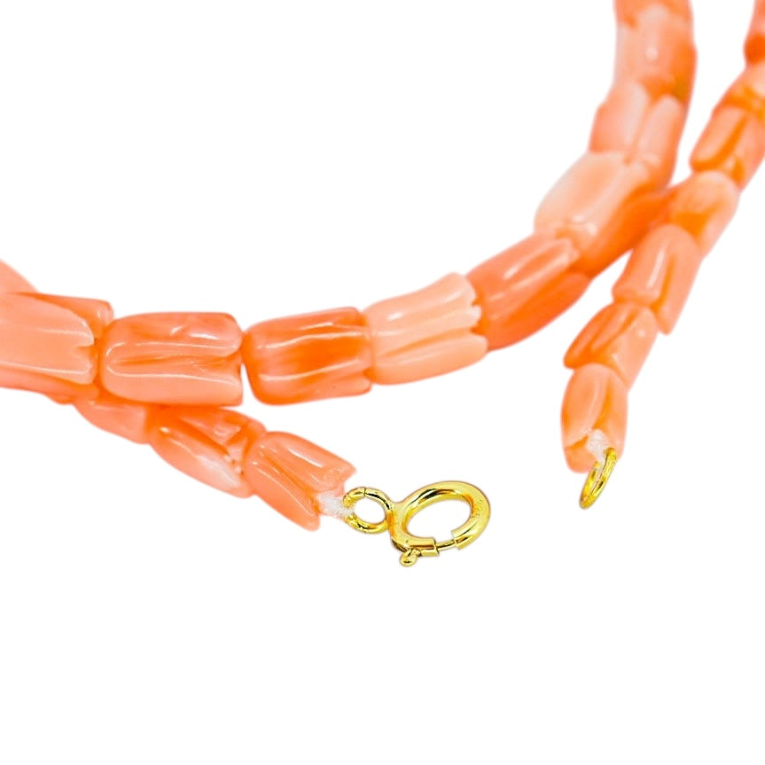 Vintage Carved Tulip Bud Salmon Pink Coral Necklace 15.5” 11.5 g