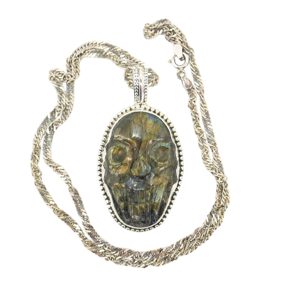 Large Artisan Carved Labradorite Scull Pendant Necklace In Sterling Silver