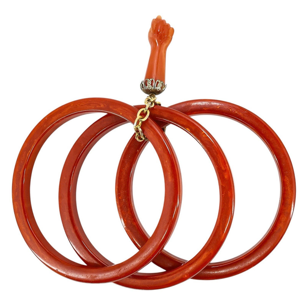 Vintage Bakelite Bangle Stack W Lucite Manu Fica Figa Charm Marbled Red