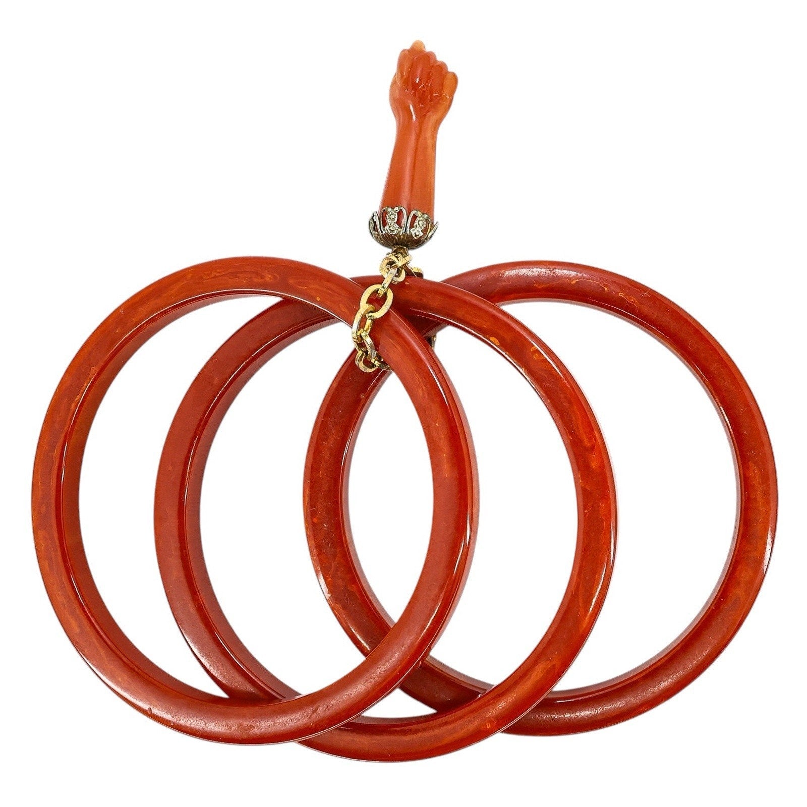 Vintage Bakelite Bangle Stack W Lucite Manu Fica Figa Charm Marbled Red