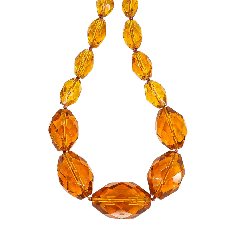 Vintage Faceted Amber Glass Bead Necklace – Hand Knotted Graduated Beads, 1930s Czech Style