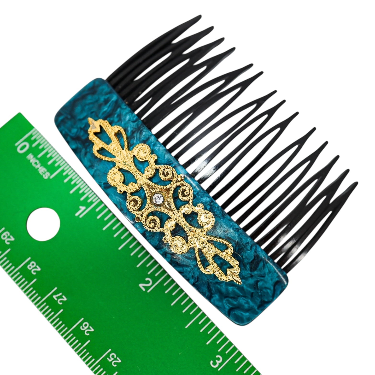 Vintage 30s–50s French Hair Comb Teal Marbled Acetate Applied Filigree