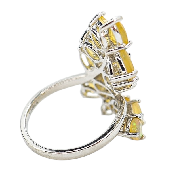 Sterling Silver Ethiopian Yellow Opal Leaf Ring, Size 8 – Pear-Cut Stones with Subtle Play of Color
