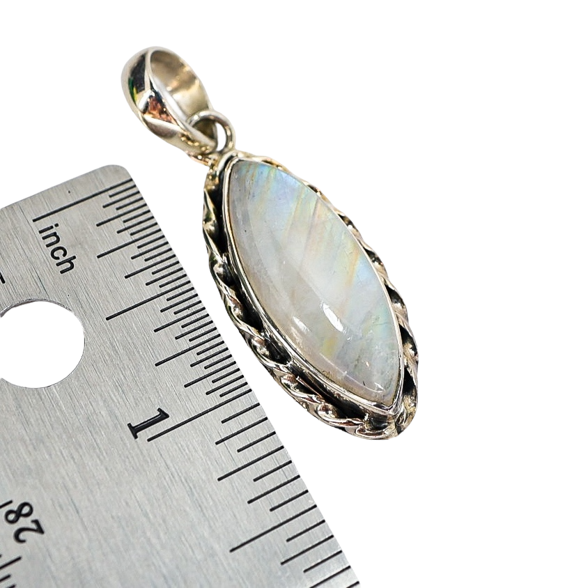 Vintage Rainbow Moonstone Pendant – Sterling Silver SJ925, Marquise Cabochon