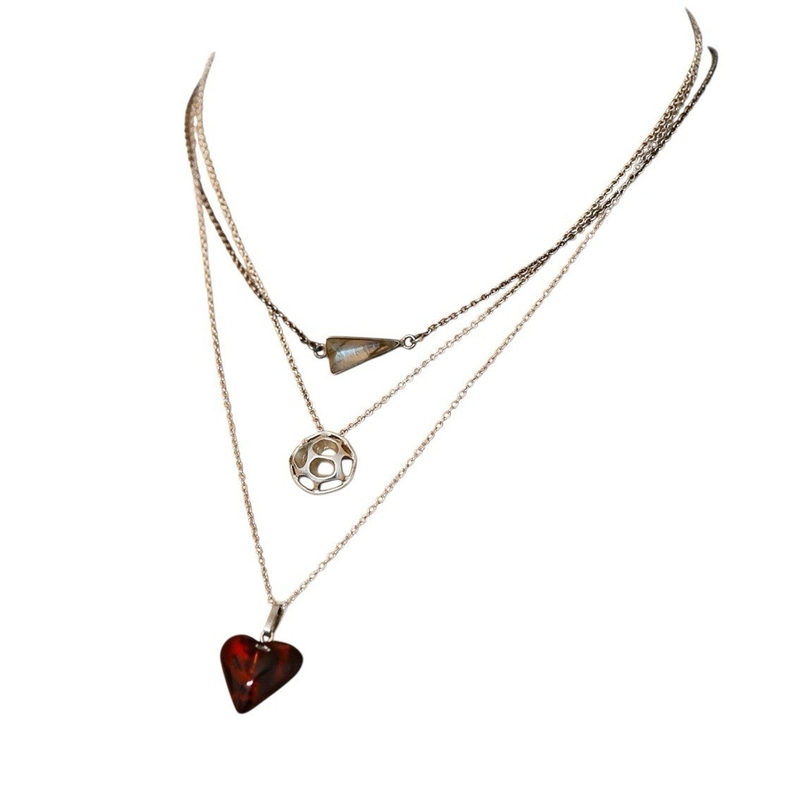 Lot Of 3 Stackable Sterling Silver Layered Necklace Set Labradorite Amber Boho