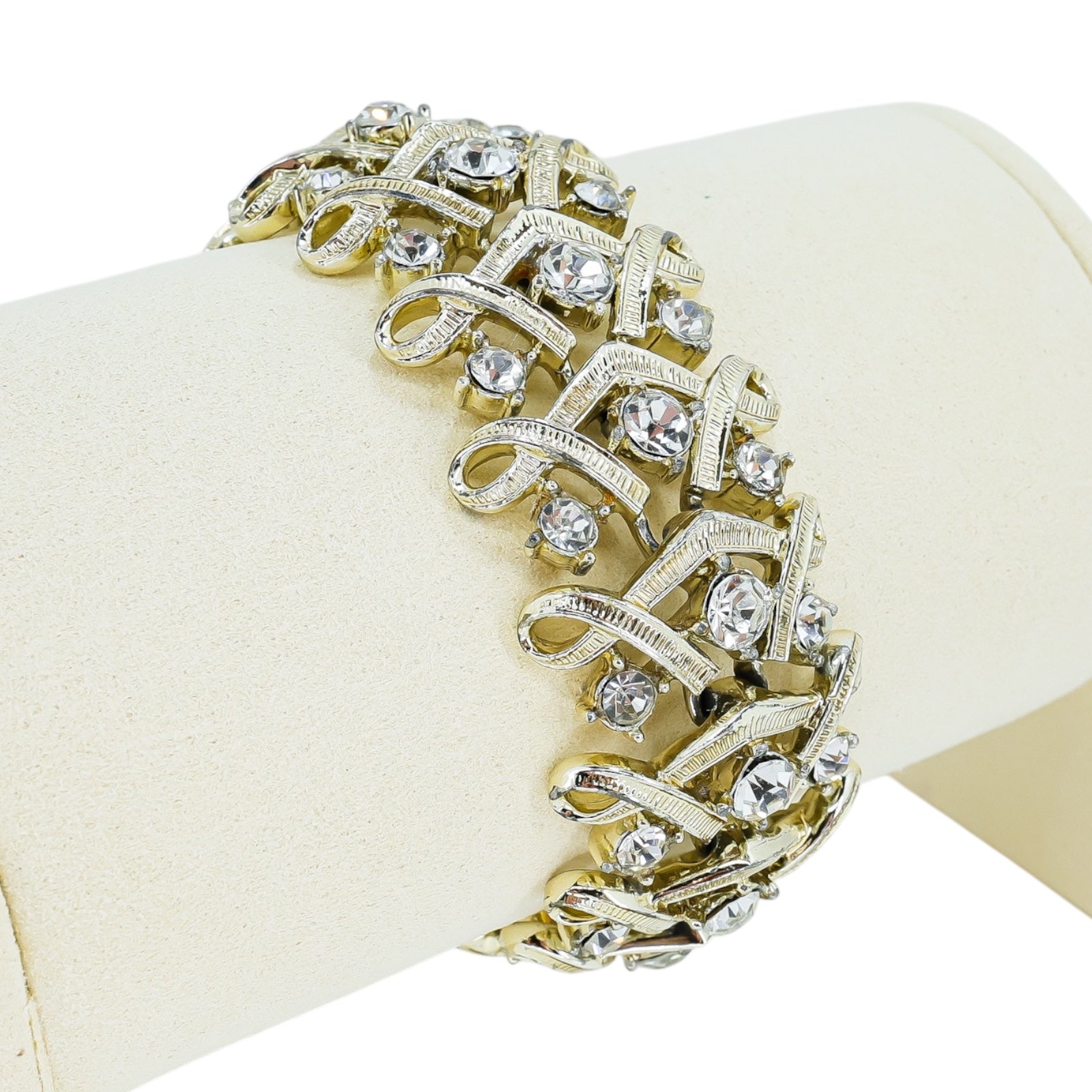 Vintage Coro Panel Bracelet Light Gold Tone Clear Rhinestones Evening Jewelry