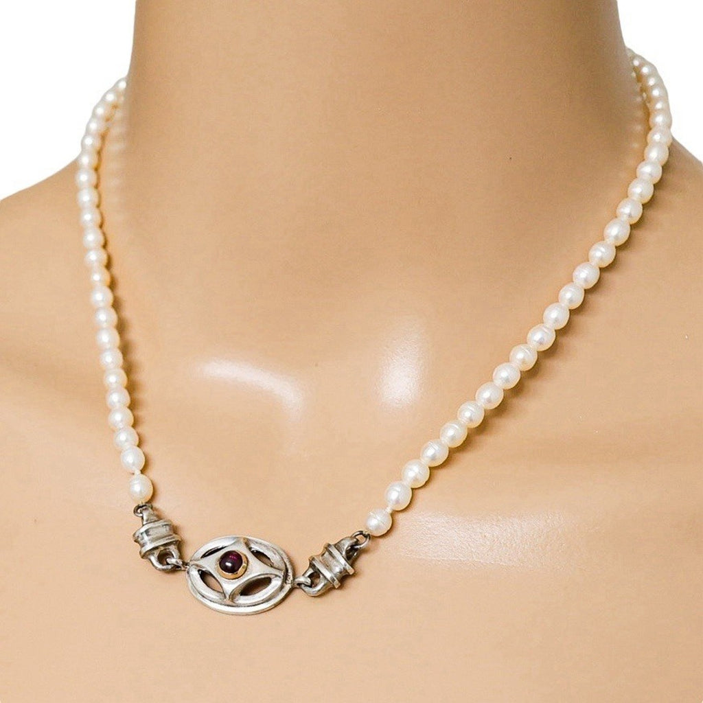 Artisan Sterling Silver & Freshwater Pearl Necklace W Garnet Centerpiece 18”