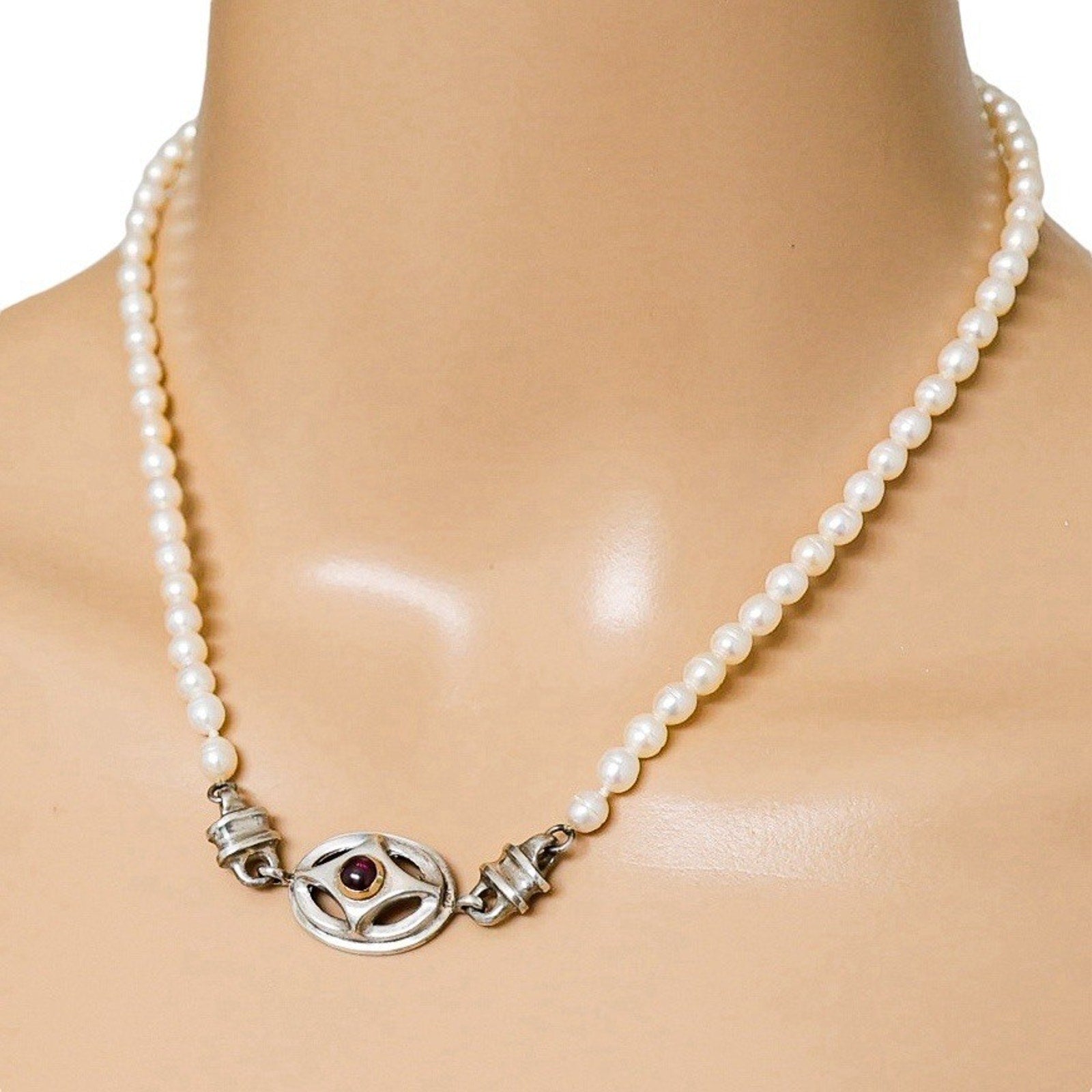 Artisan Sterling Silver & Freshwater Pearl Necklace W Garnet Centerpiece 18”