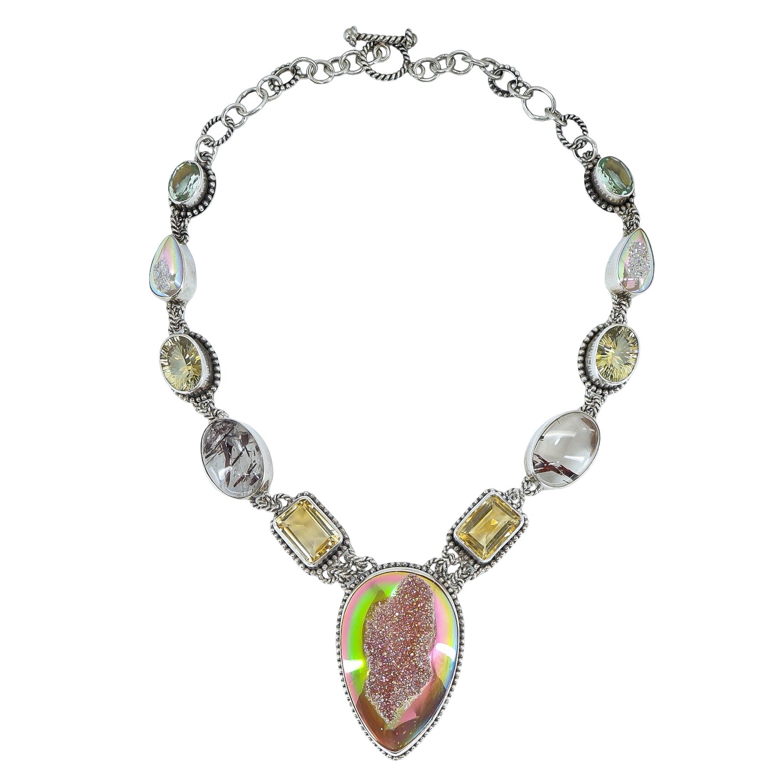 Sterling Silver Multi Gemstone Statement Necklace Mystic Druzy Rutilated Quartz Citrine 18”