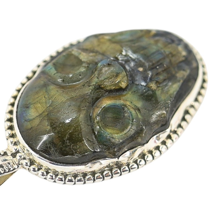 Large Artisan Carved Labradorite Scull Pendant Necklace In Sterling Silver