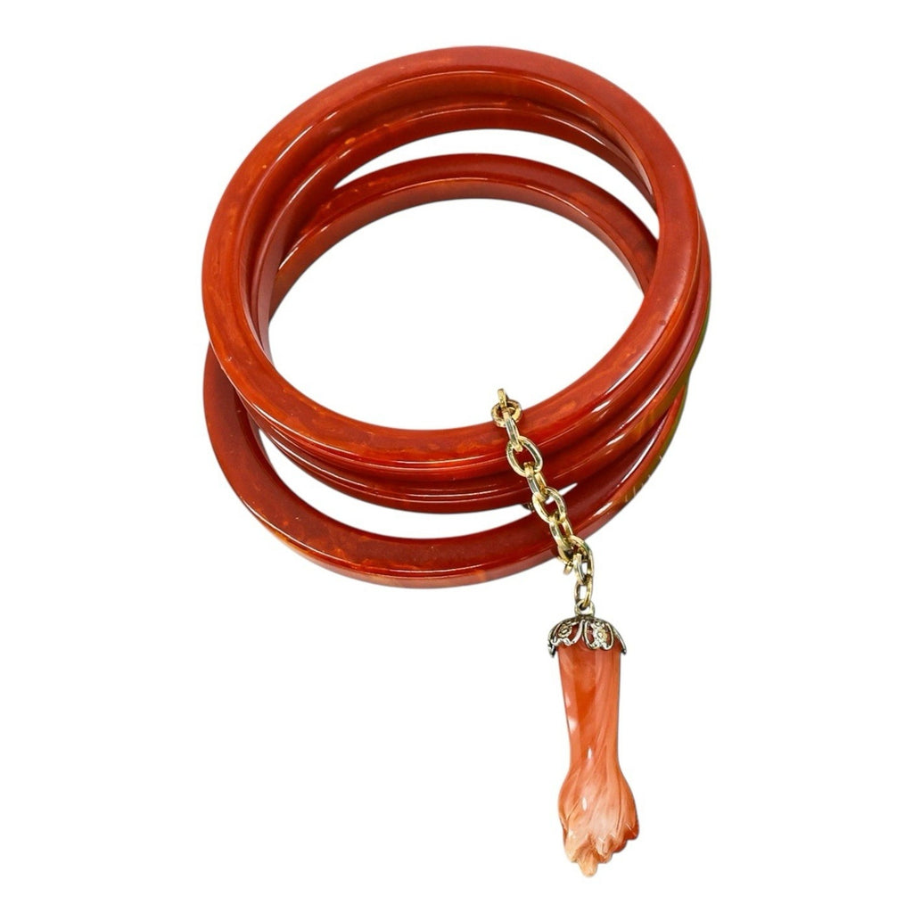 Vintage Bakelite Bangle Stack W Lucite Manu Fica Figa Charm Marbled Red