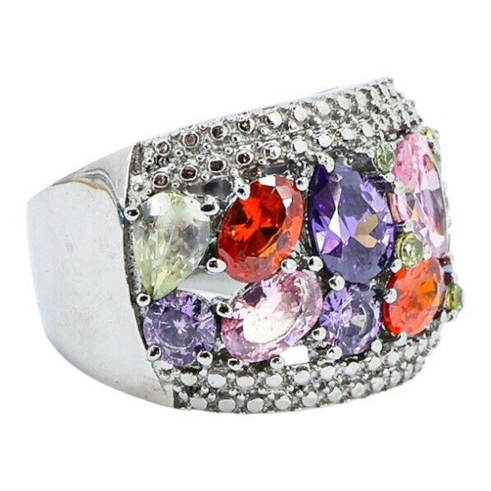 Large Statement Cocktail Ring Stainless Steel Multicolor Clustered Crystals Sz 8