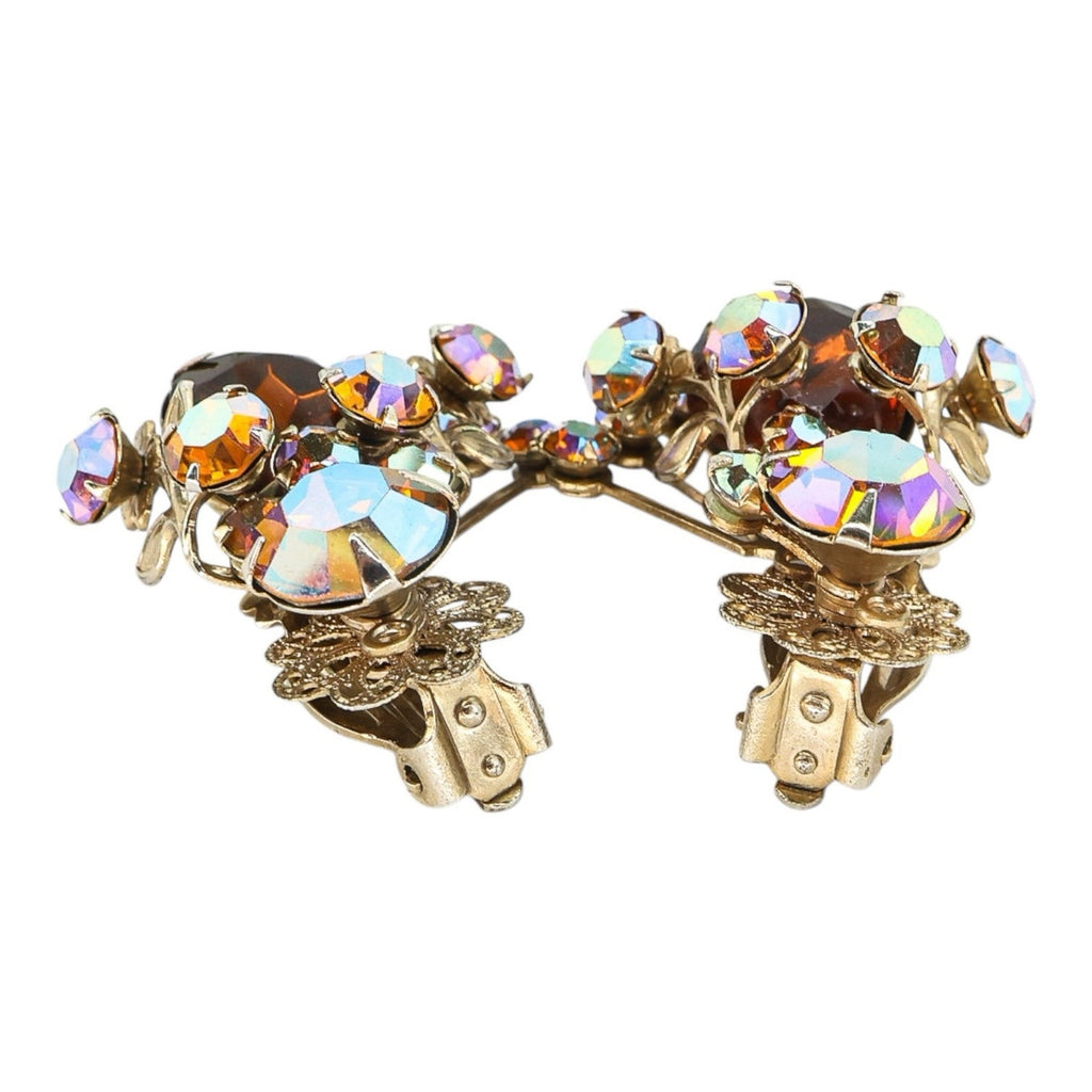 Large Vintage Mid Century Rhinestone Clip On Earrings Faux Topaz AB Filigree
