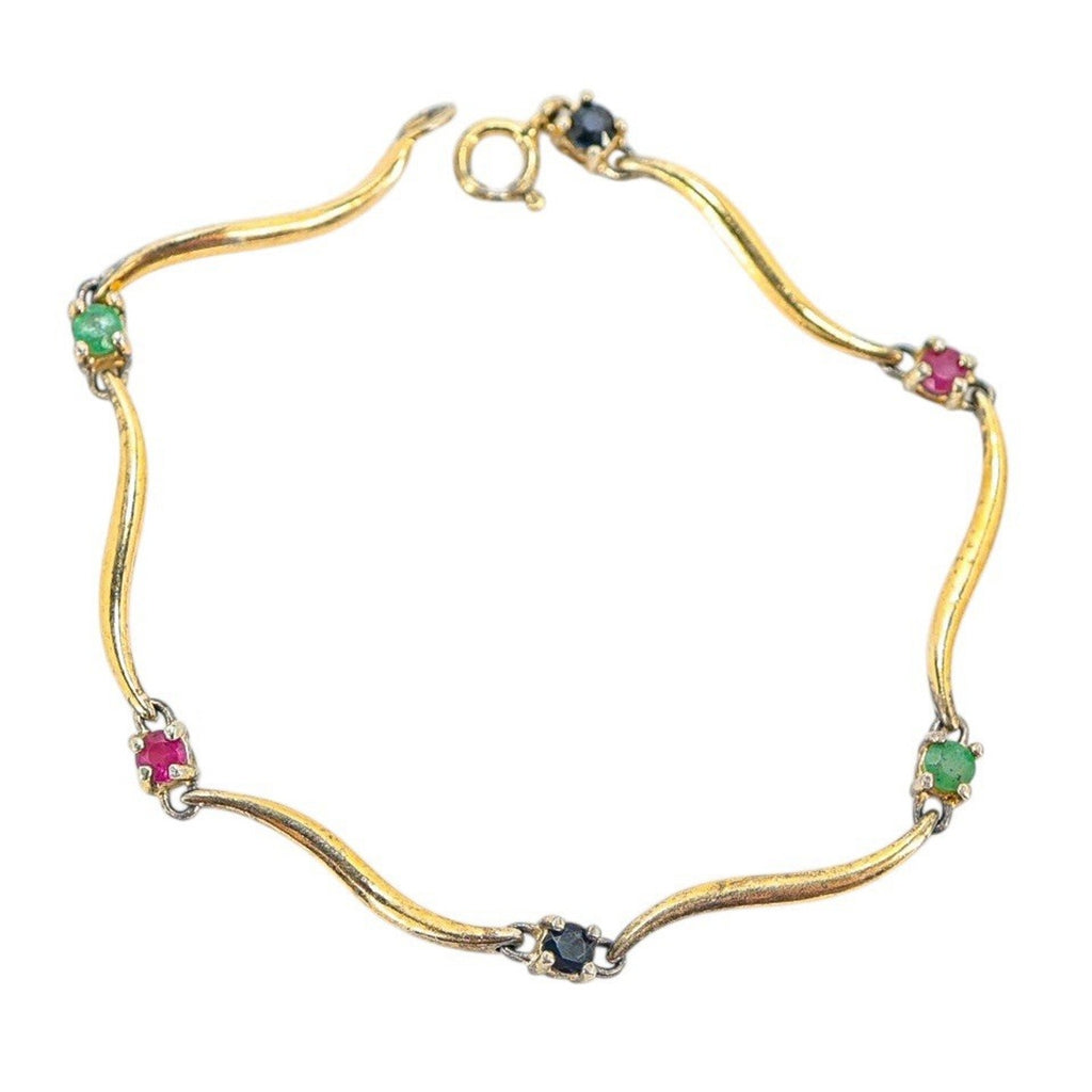 Vintage Vermeil Sterling Silver Bracelet Wavy Link W Simulated Gems 7”