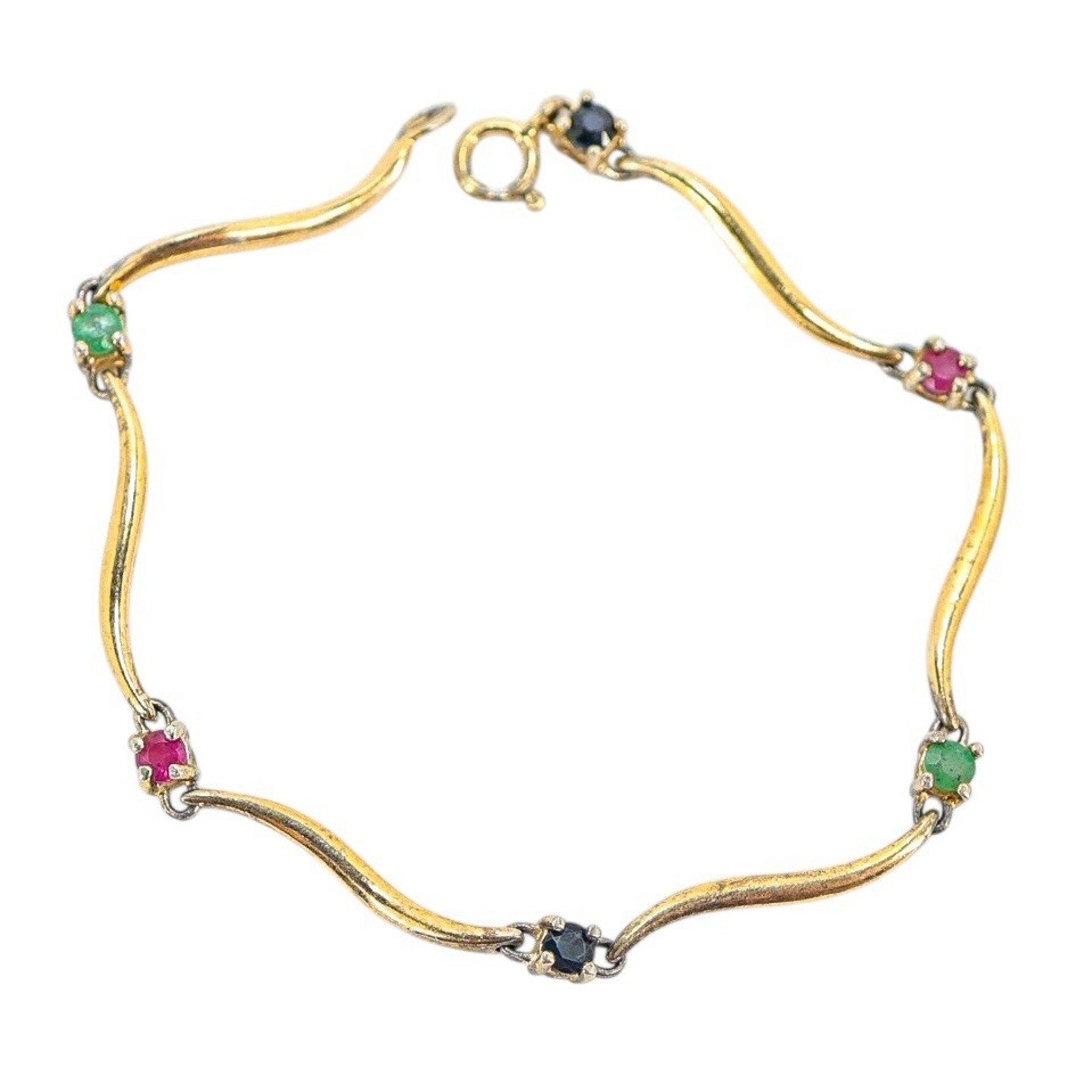 Vintage Vermeil Sterling Silver Bracelet Wavy Link W Simulated Gems 7”