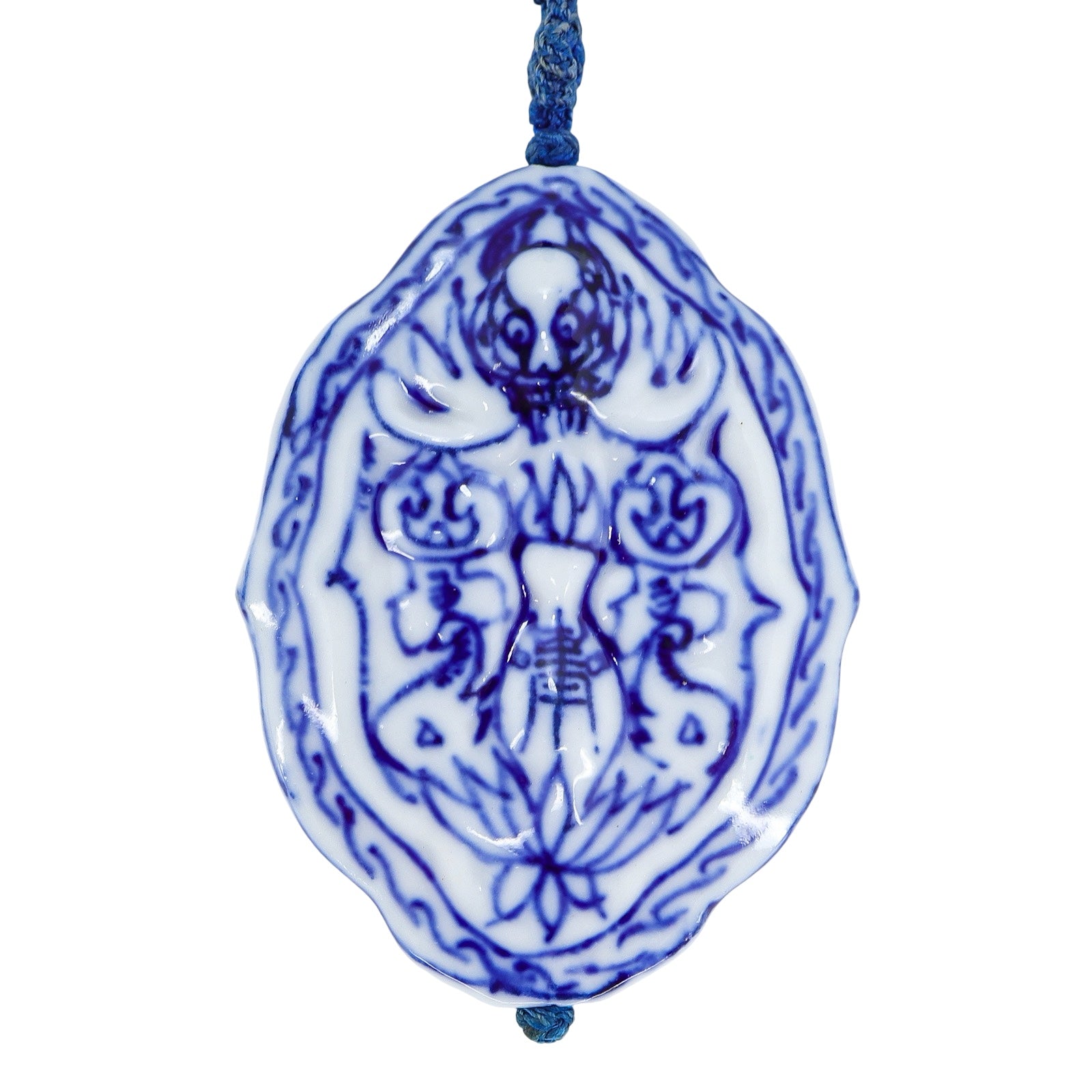 Chinese Blue White Porcelain Zhong Kui Talisman Pendant Necklace Shou Character