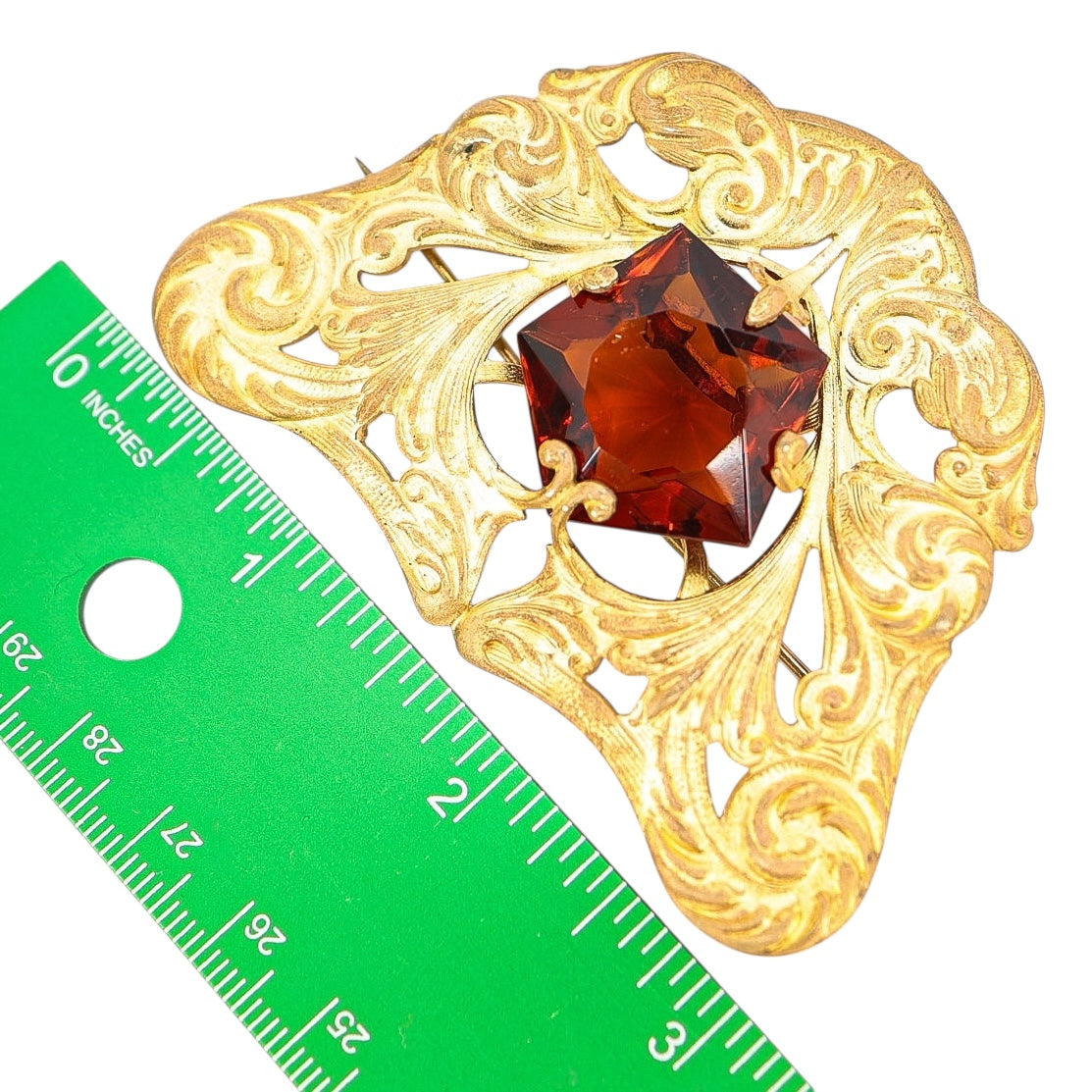 Antique Art Nouveau Gold Wash Brooch with Large Amber Glass Stone
