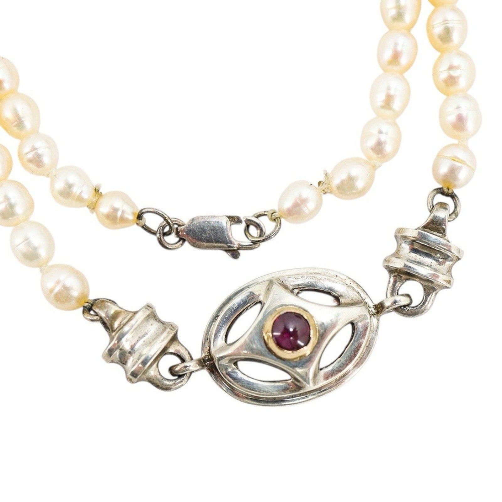 Artisan Sterling Silver & Freshwater Pearl Necklace W Garnet Centerpiece 18”