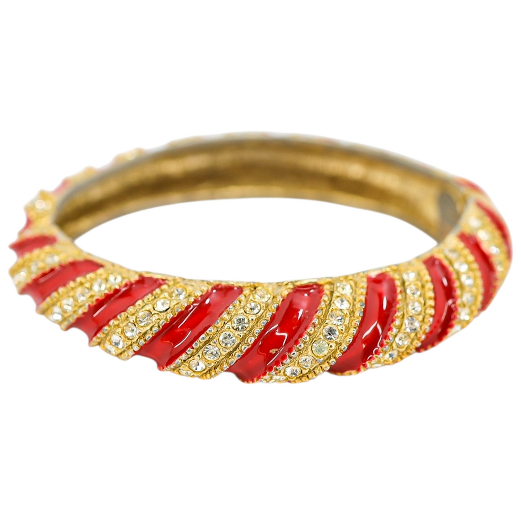 Vintage 1980s Les Bernard Red Enamel & Crystal Swirl Bangle Bracelet