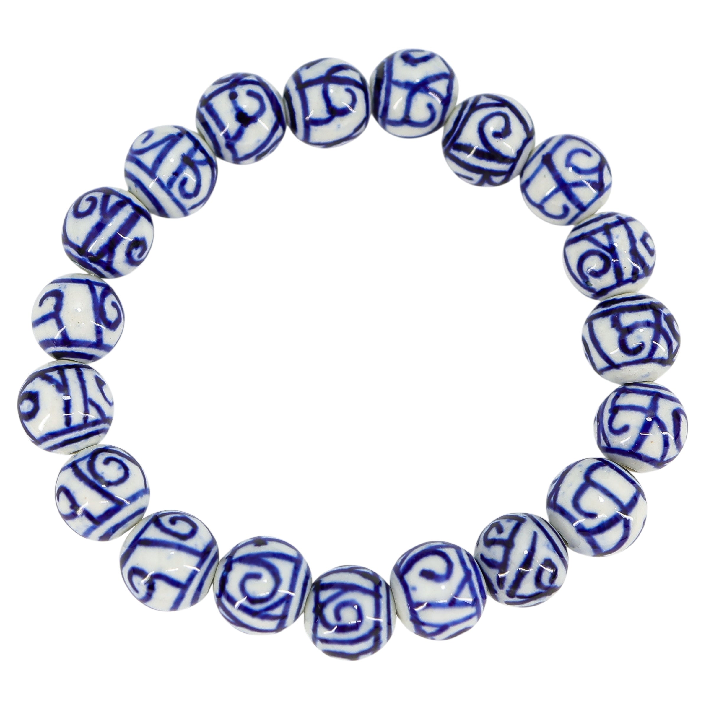 Abstract Scroll White Blue Hand Painted Porcelain Bead Bracelet