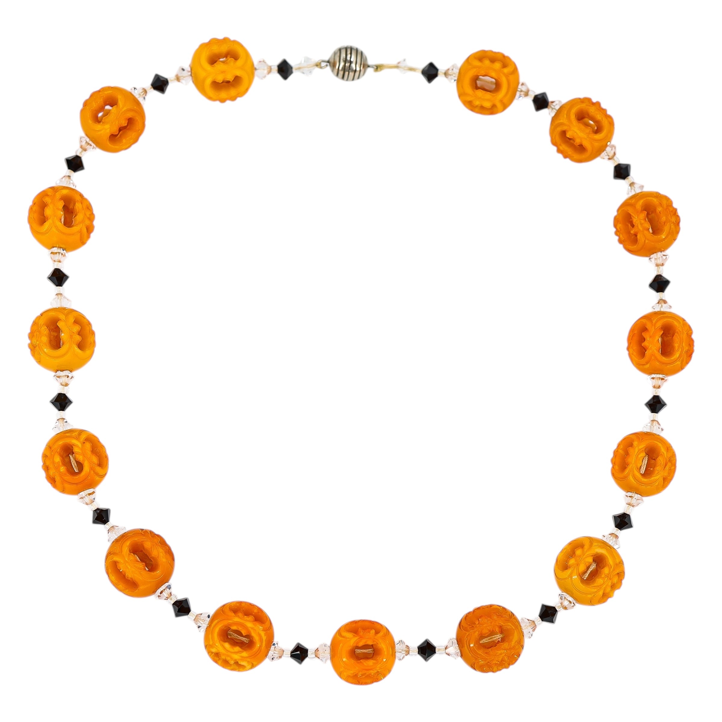 Orange Painted Carved Galalith Beads Openwork Lantern Shape 18.5”