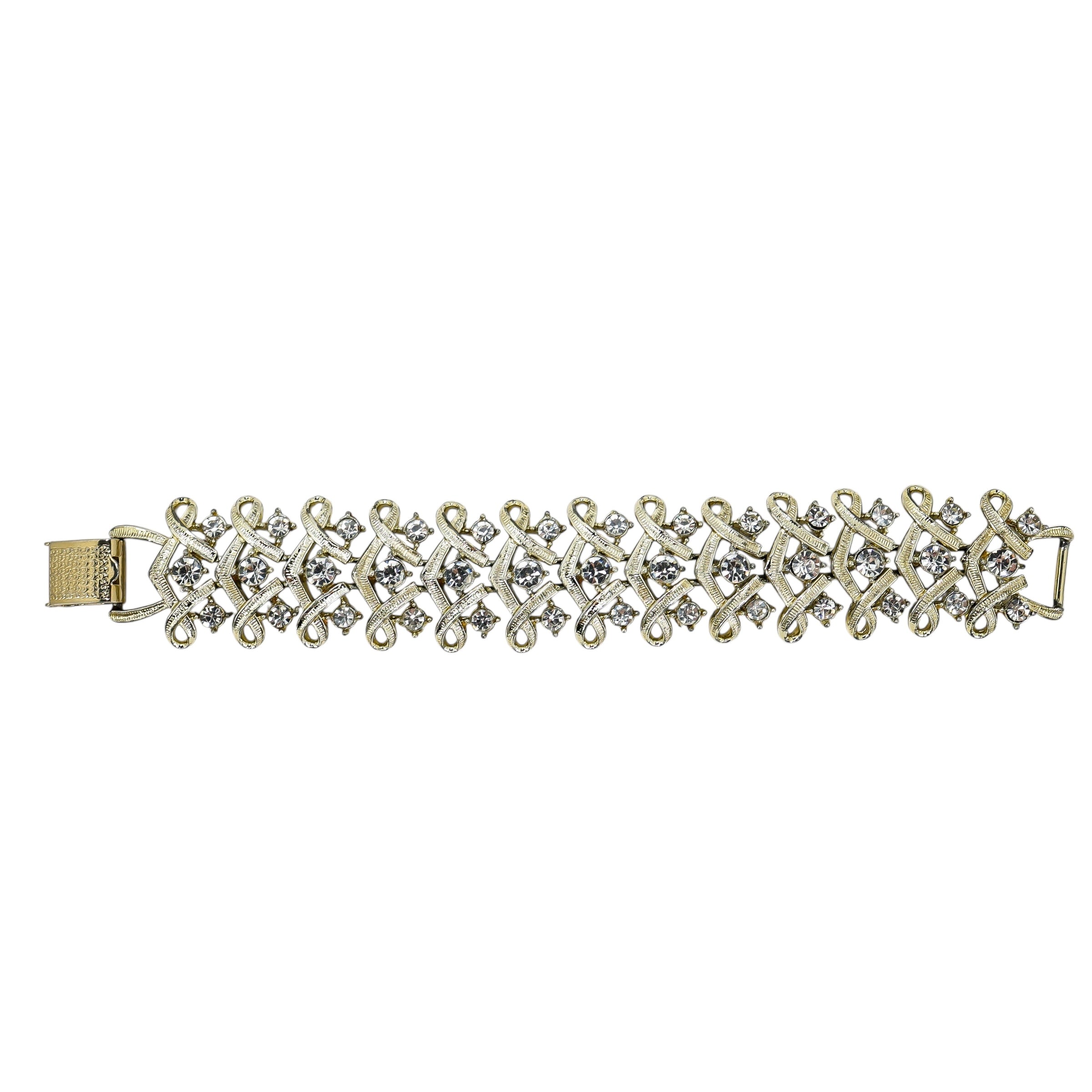 Vintage Coro Statement Linked Bracelet Washed Goldtone Rhinestones Bridal Glam