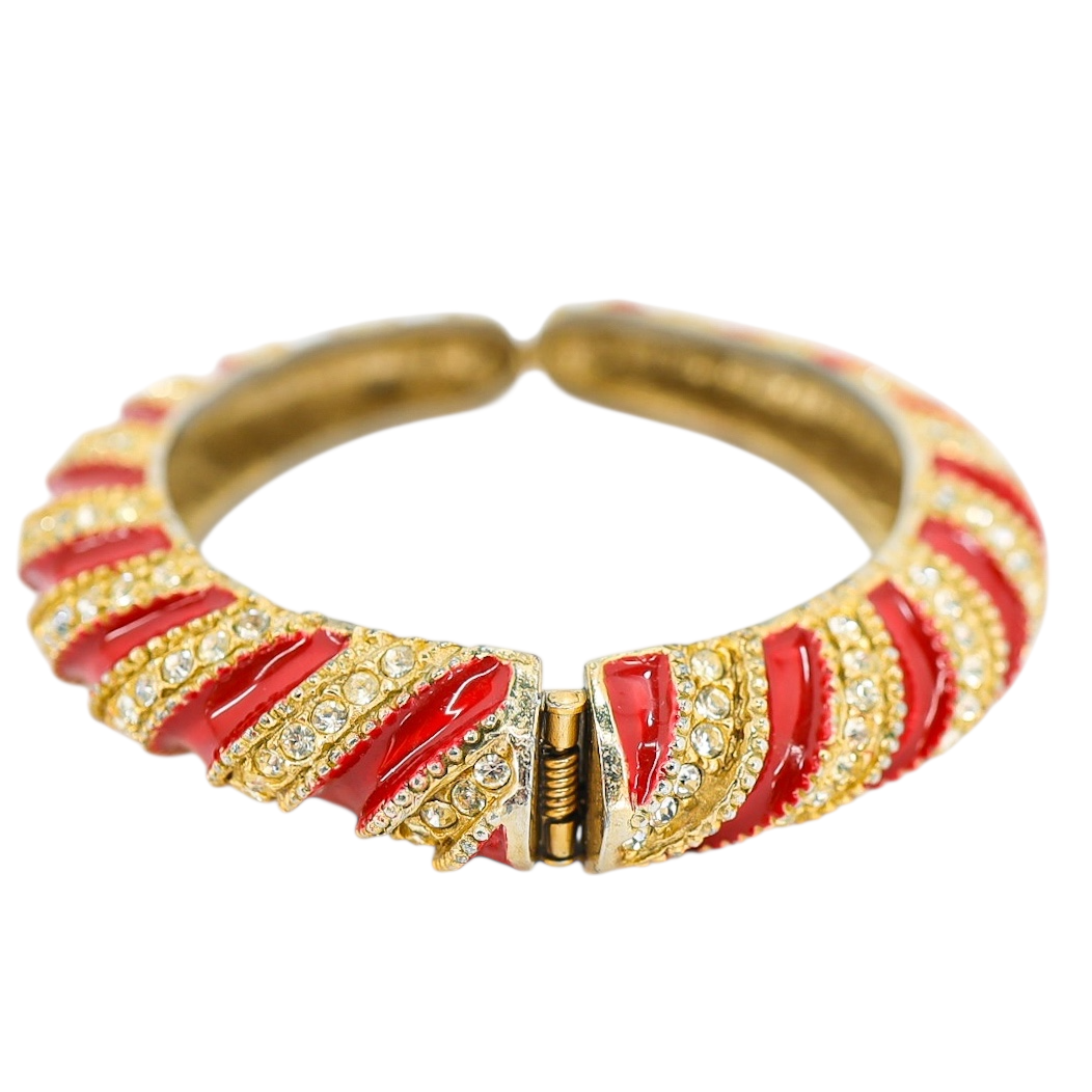 Vintage 1980s Les Bernard Red Enamel & Crystal Swirl Bangle Bracelet