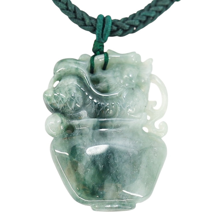 Undyed Jade Jadeite Carved Dragon Vessel Pendant Necklace 1.75 in x 1.3 in 30 G