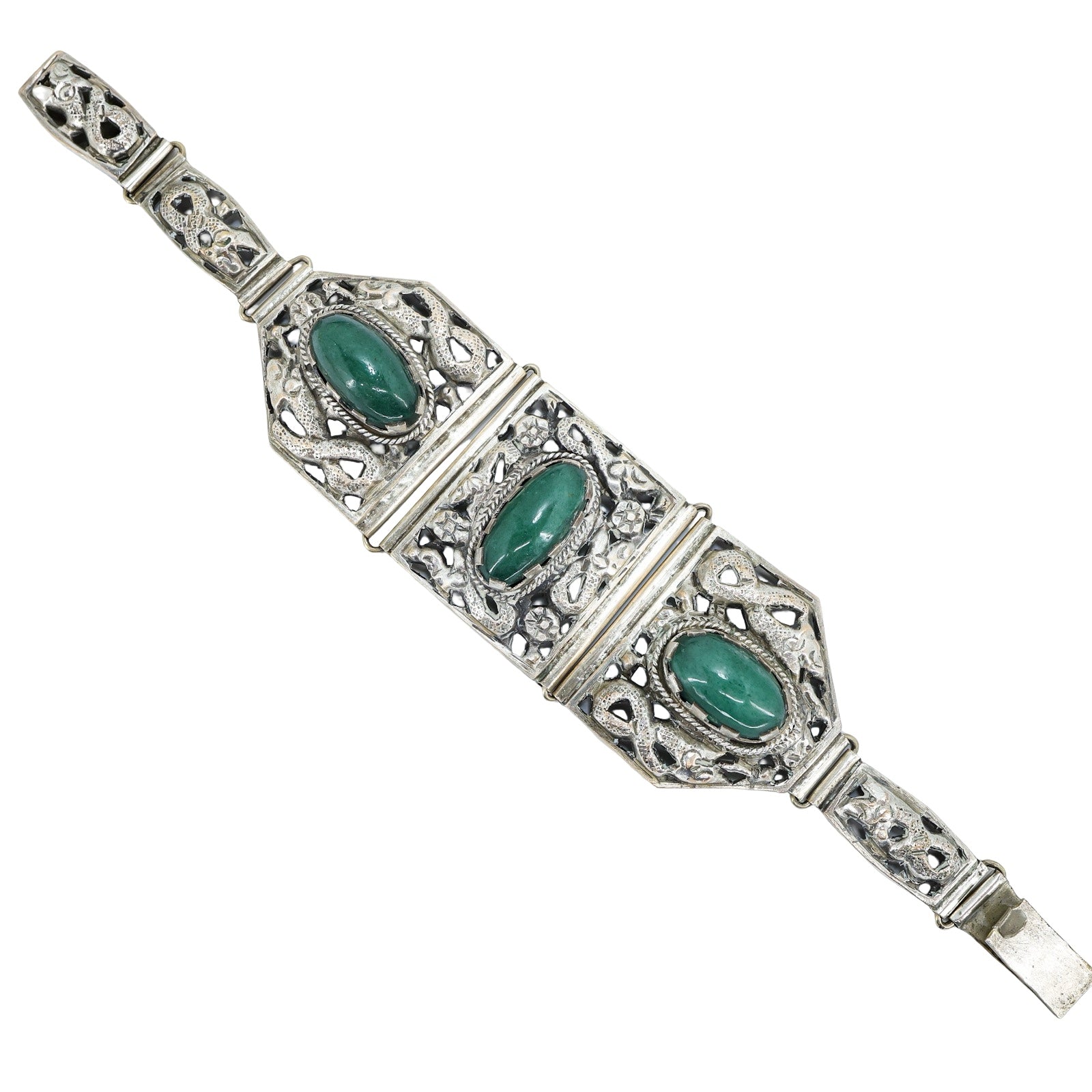 Vintage Ethnographic White Metal Bracelet Green Aventurine Cabochons Filigree
