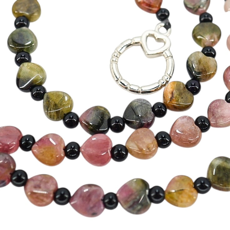 Pink & Green Genuine Tourmaline Heart Bead Necklace 24” October Birthstone