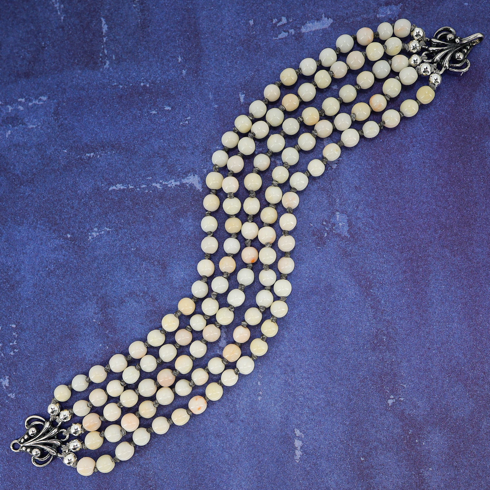 OOAK Vintage Style 5-Strand Angel Skin Coral Bracelet Ornate Sterling Clasp 8 In
