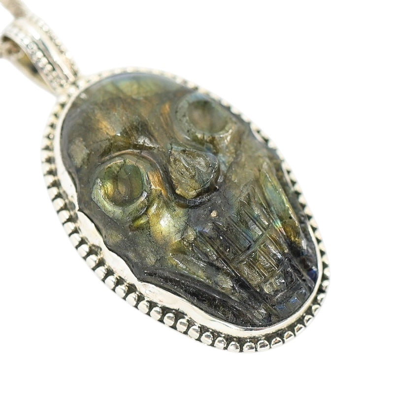 Large Artisan Carved Labradorite Scull Pendant Necklace In Sterling Silver