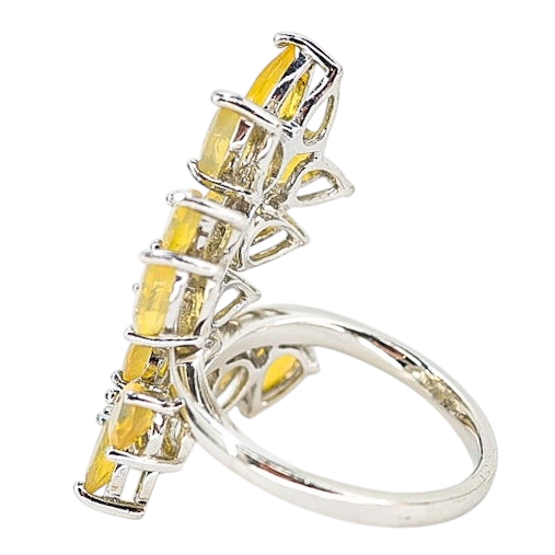Sterling Silver Ethiopian Yellow Opal Leaf Ring, Size 8 – Pear-Cut Stones with Subtle Play of Color